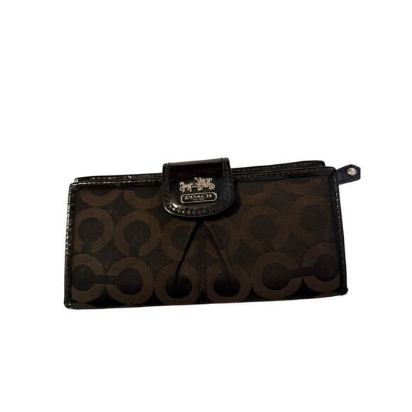 Coach Black Signature C Wallet Accordion Style Patent Leather Trim Logo Snap - Picture 1 of 5